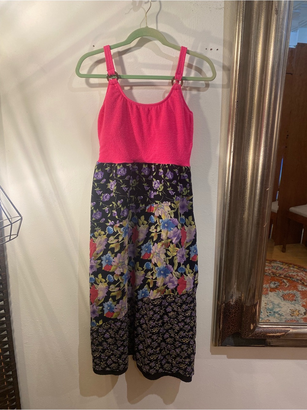 OOAK Upcycled Crepe Floral Maxi Dress with Hot Pink Swim Top Bodice